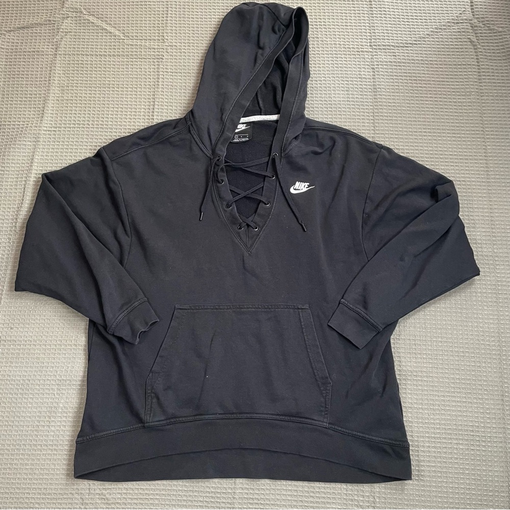 Nike‎ Sportswear Hoodie Large Womens NSW Lace Up Cotton Blend Black
